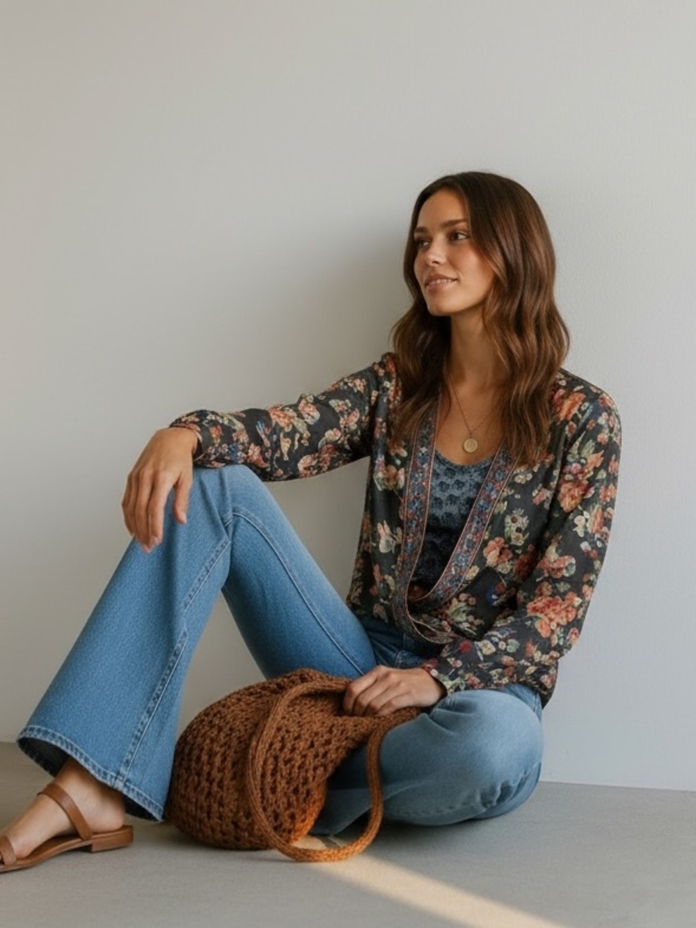 Tolani Pure Silk Floral Boho Twist Hem Blouse Floral Long Sleeve Festive Top